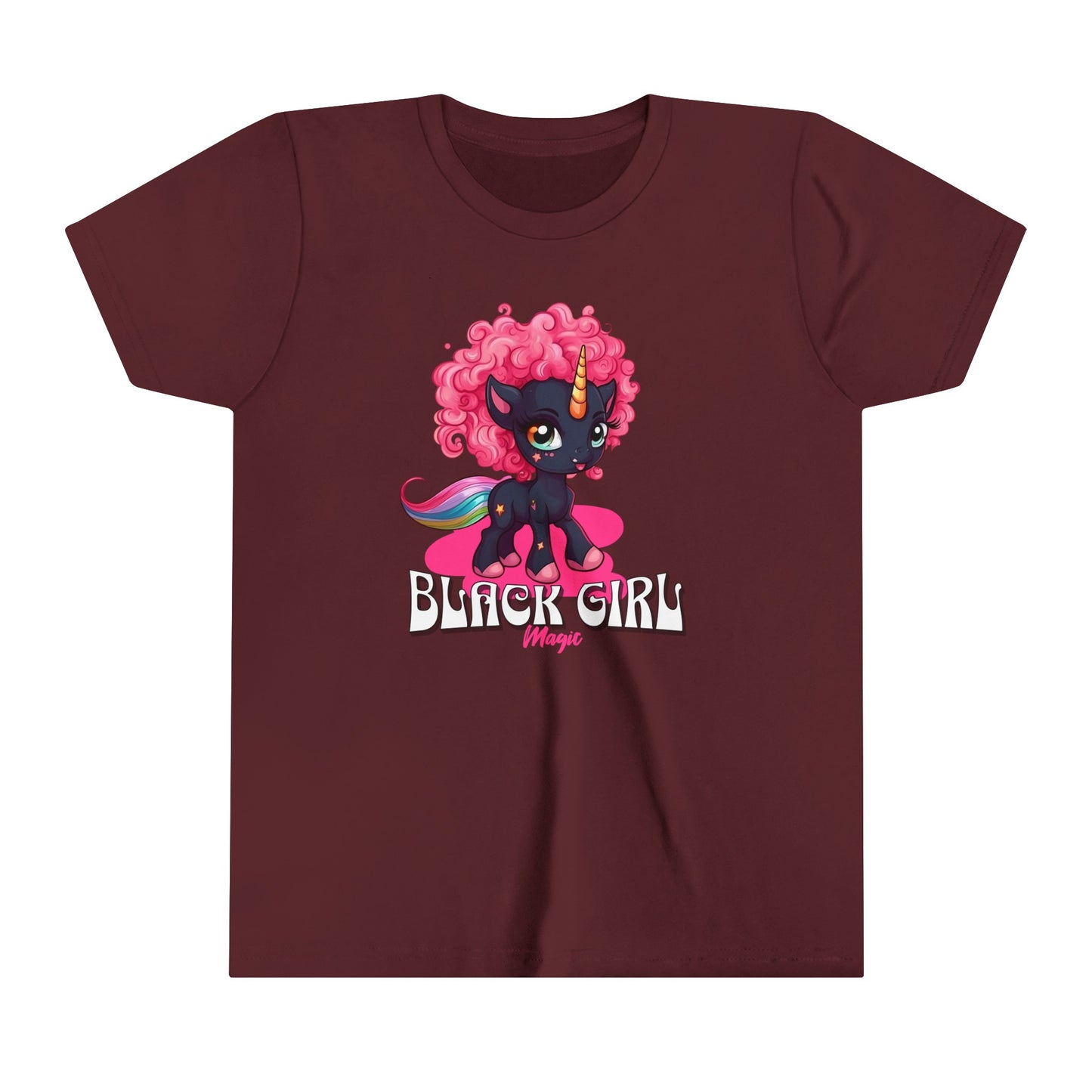 Black Girl Magic kids T-Shirt with Super Cute Unicorn with Pink Curly Hair.