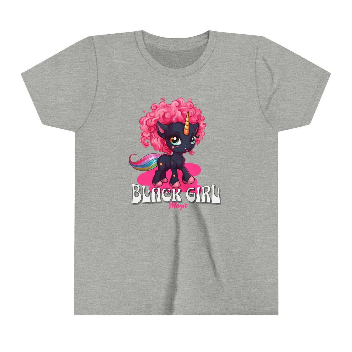 Black Girl Magic kids T-Shirt with Super Cute Unicorn with Pink Curly Hair.