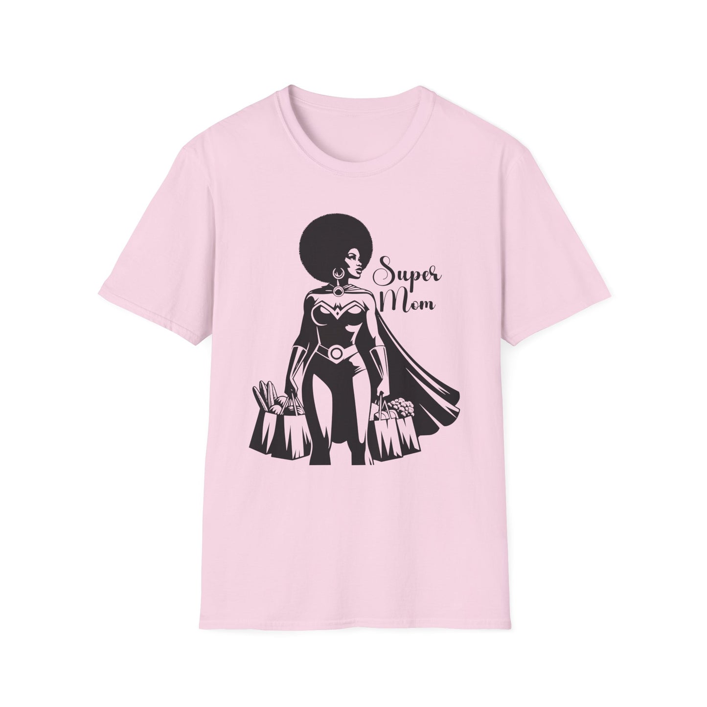 Graphic T-Shirt Showing Strong Black Superhero Mom as She Grabs Groceries