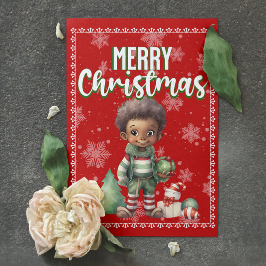 Christmas Greeting Cards, African American Little Elf Boy, Holiday Set.