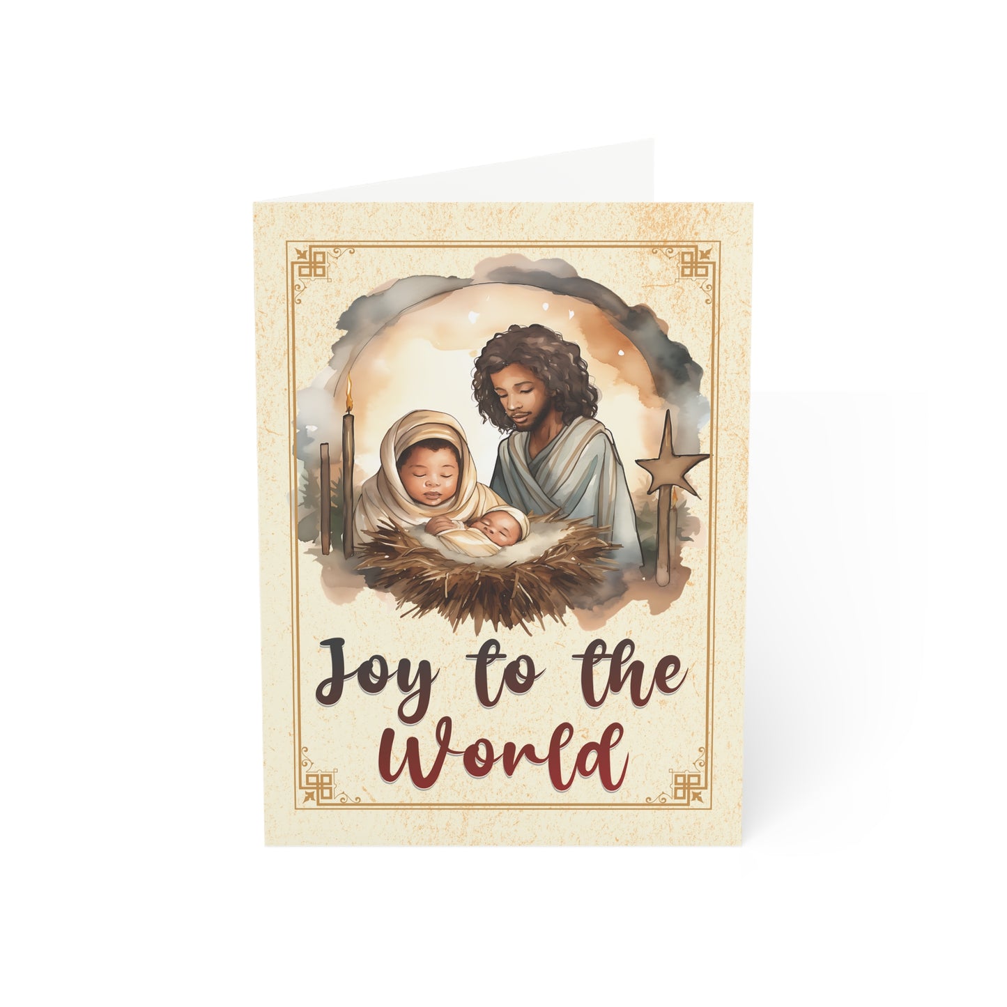 Christmas Nativity Scene Greeting Cards. Brown Jesus Mary Joseph.Joy to the World