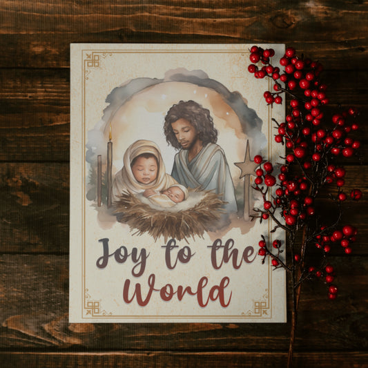 Christmas Nativity Scene Greeting Cards. Brown Jesus Mary Joseph.Joy to the World