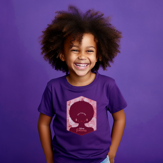 Afro Princess, Love Your Hair, Positive Affirmation Graphic T-Shirt for Kids.