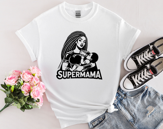 Cool Bold Graphic T-shirt of a Supermama Feeding Her Baby