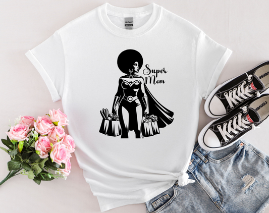 Graphic T-Shirt Showing Strong Black Superhero Mom as She Grabs Groceries