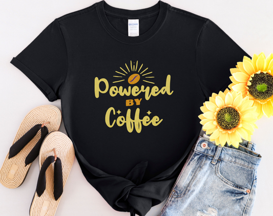 Powered by Coffee T-shirt with Bright Lively Colors for Coffee Lovers.