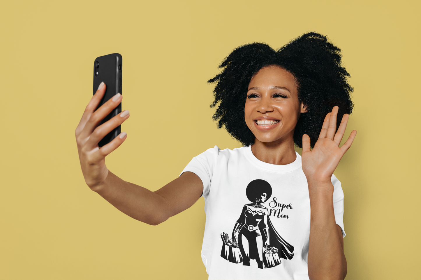 Graphic T-Shirt Showing Strong Black Superhero Mom as She Grabs Groceries