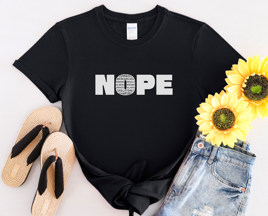 Funny Halloween Graphic T-Shirt. Vampires, Ghosts, Aliens, Nope.